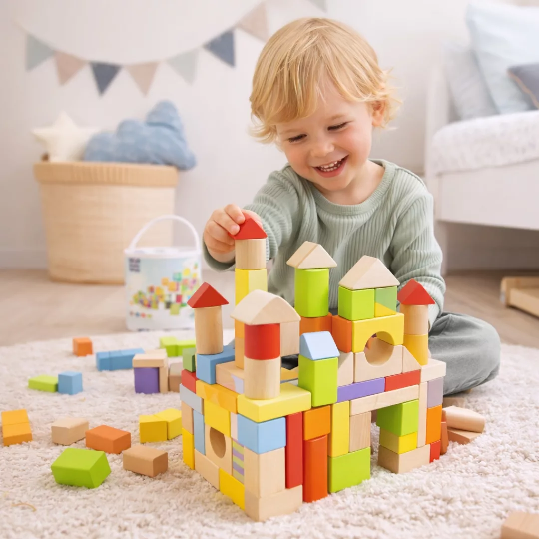 Цветен дървен конструктор от 100 части в ръцете на дете