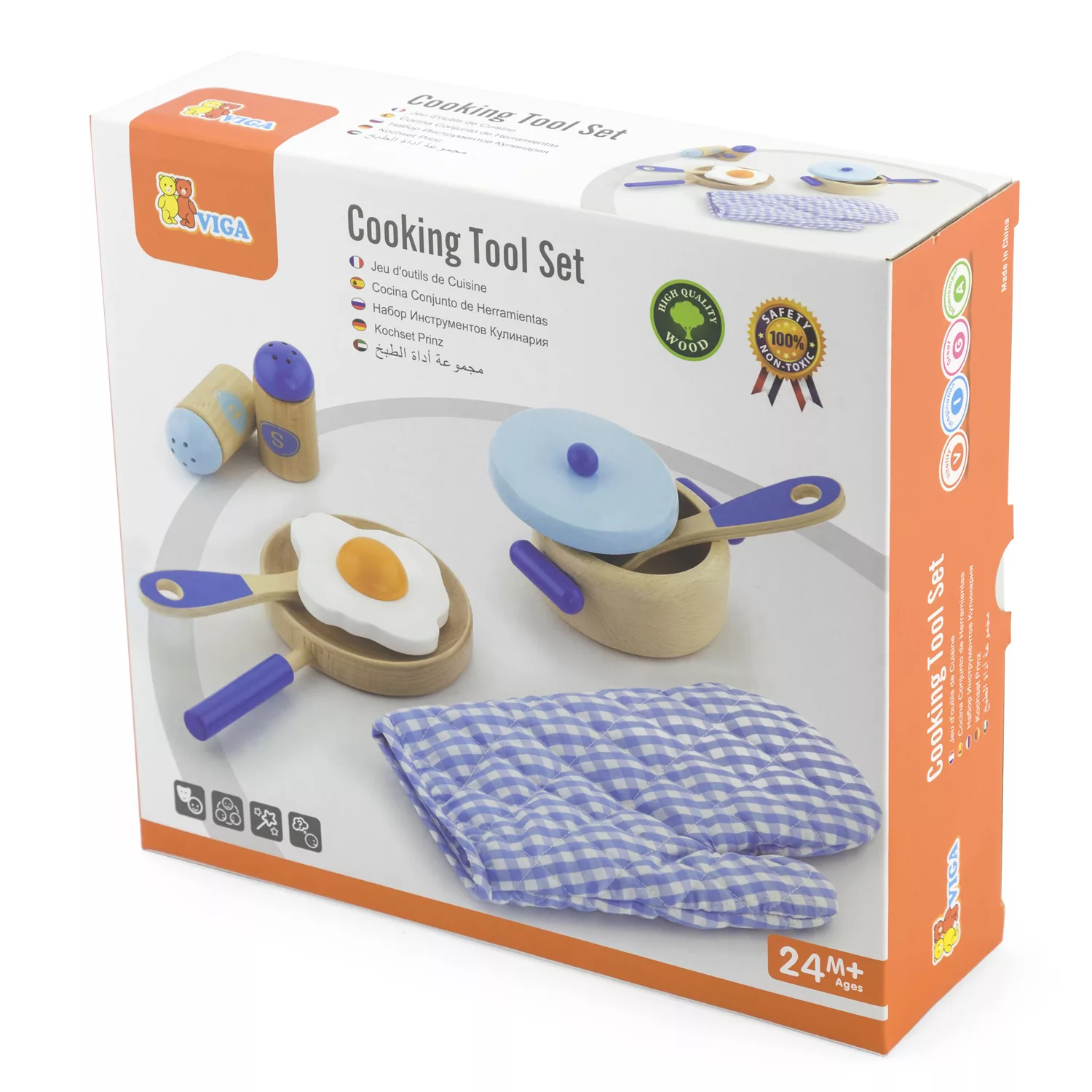 Дървен комплект за готвене в синьо от VIGA Toys в опаковка