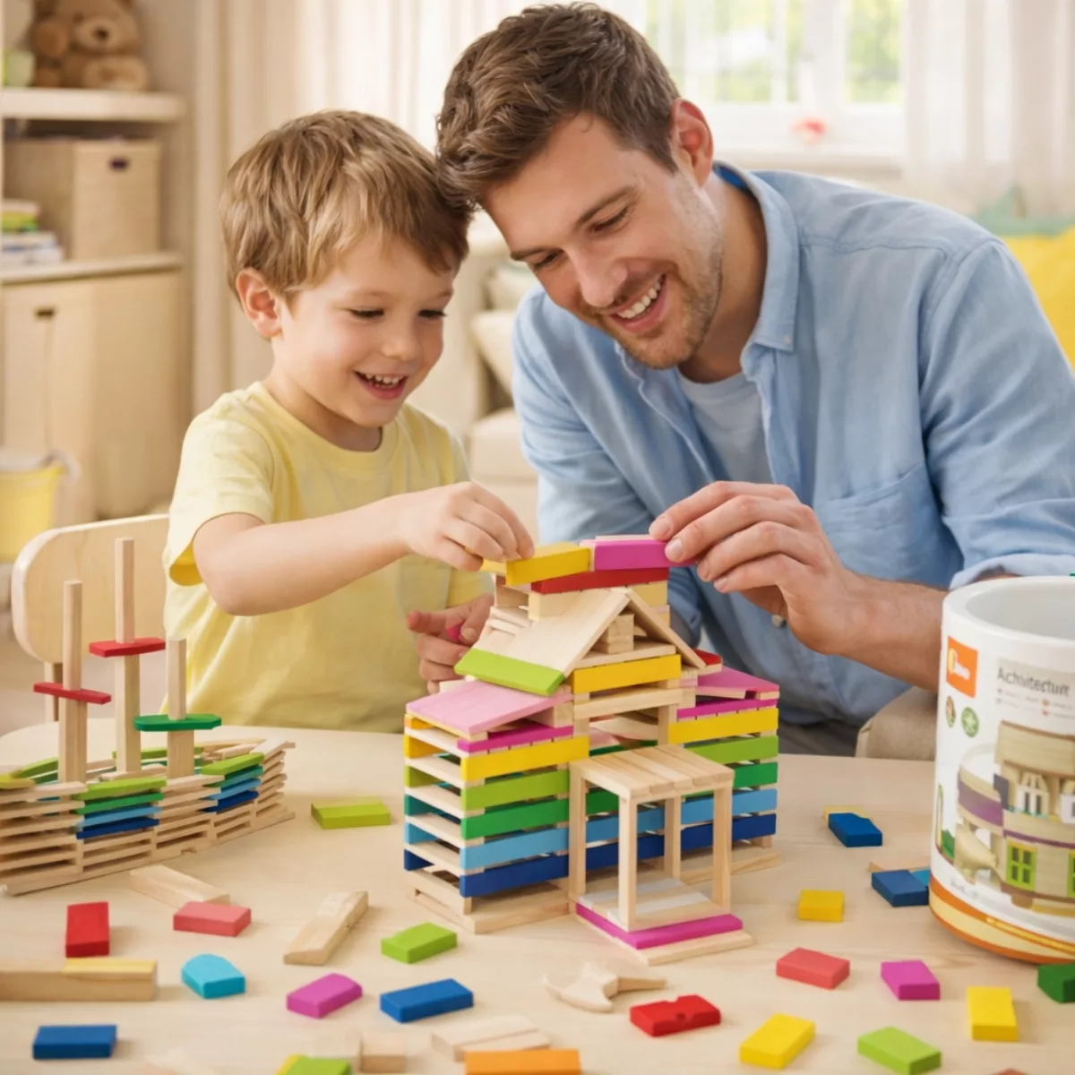 Дървен конструктор с 250 цветни блокчета от бук Viga Toys за деца 3+