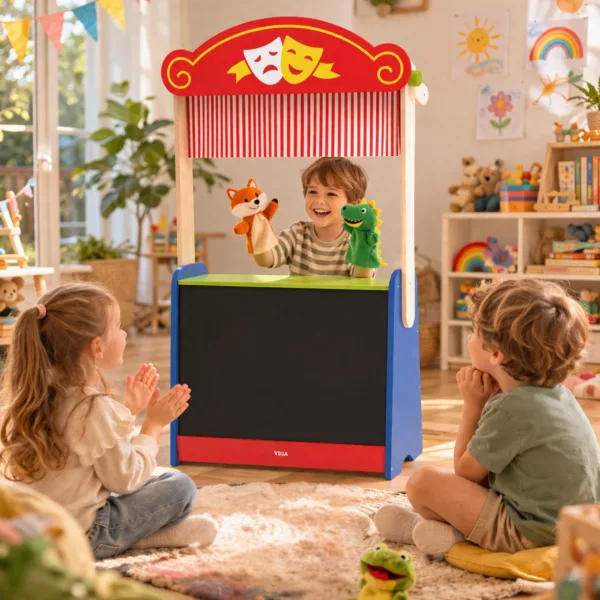 Дървен куклен театър Viga Toys с деца в роля и цветен дизайн за игра над 3 години