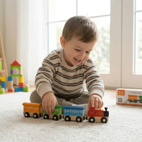 Дете играе с дървено влакче Viga Toys с магнитни вагони, образователна игра, 3+