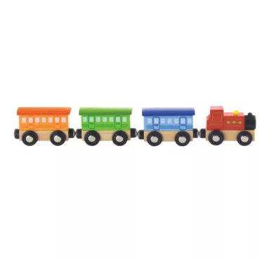 Дървено пътническо влакче Viga Toys с 3 вагона и локомотив, цветно, 3+