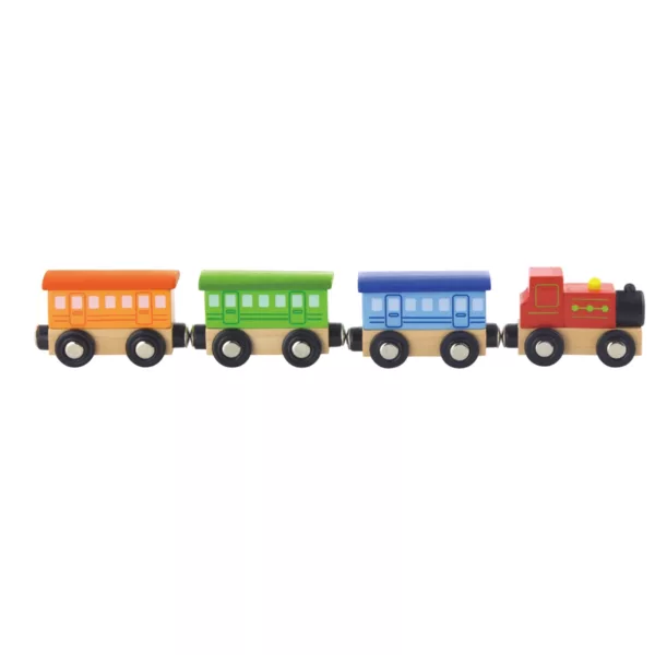 Дървено пътническо влакче Viga Toys с 3 вагона и локомотив, цветно, 3+