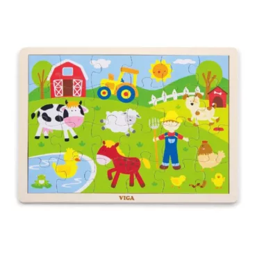 Дървен детски пъзел ферма с животни цветен Viga Toys за деца 2+