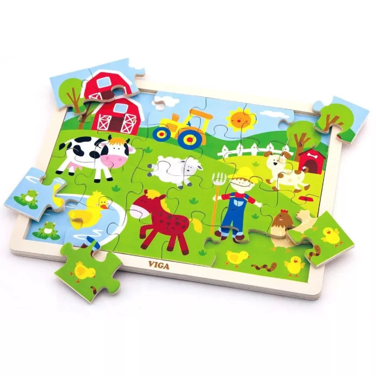 Дървен детски пъзел ферма с животни Viga Toys разглобен цветен дървен