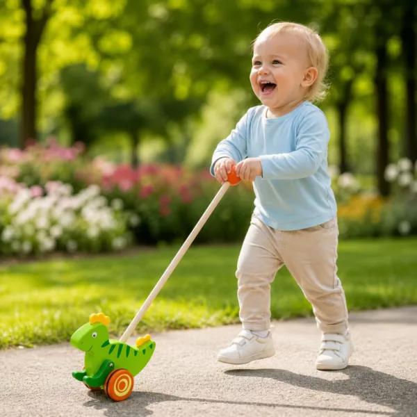 Дървена буталка динозавър Viga Toys играчка за бутане с дете в парк 18 месеца+