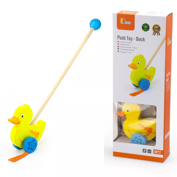 Дървена буталка пате от Viga Toys с дръжка за бутане