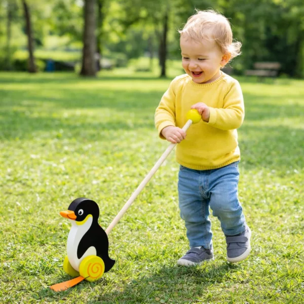 Дете играе с дървена буталка пингвин Viga Toys навън