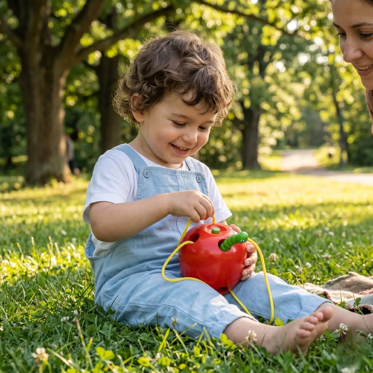 Дървена играчка за нанизване ябълка с връв и червейче Viga Toys за деца 3+