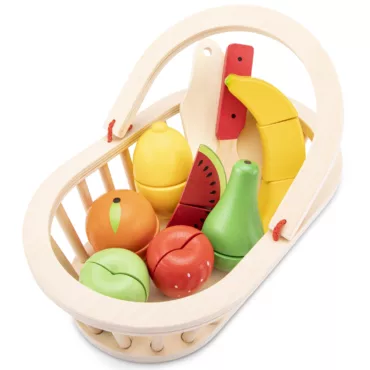 Кошница с плодове за рязане New Classic Toys дървени плодове и нож