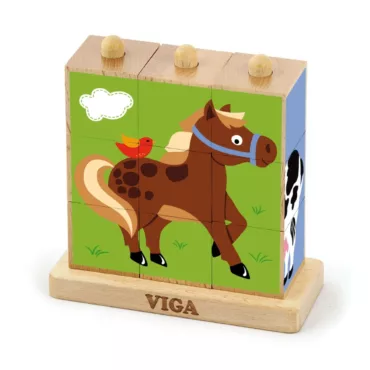Дървени кубчета пъзел с кон Viga Toys, образователна игра от дърво, 24+ месеца