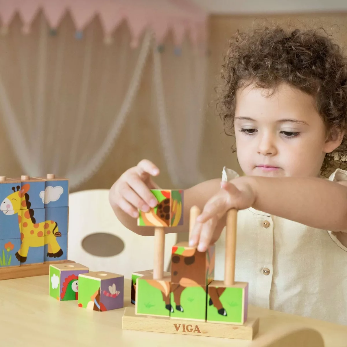 Дървени кубчета пъзел Viga Toys с домашни животни, игра за моторика и логика, 24+ месеца