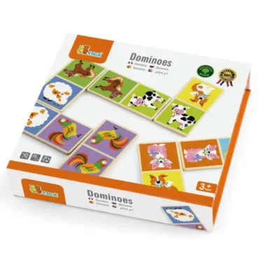 Дървено домино с животни от фермата Viga Toys кутия образователна игра 3+