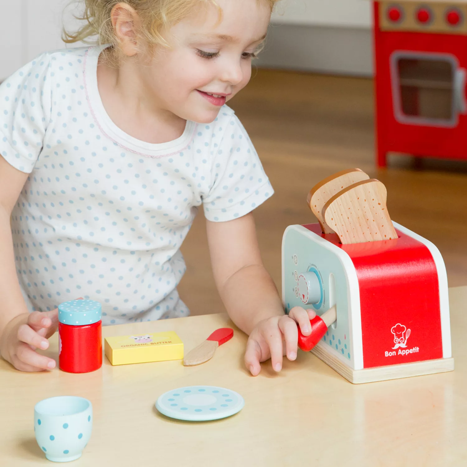 Дървен детски тостер за игра с механизъм за натискане New Classic Toys