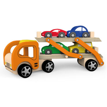 Дървен детски камион - автовоз с четири коли - дървена играчка-bellamie