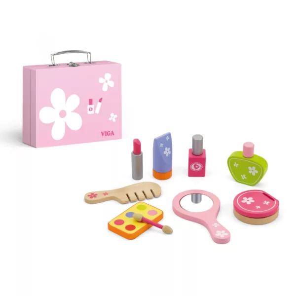Дървен козметичен комплект Viga Toys с розов куфар и грим аксесоари, ролева игра, 3+