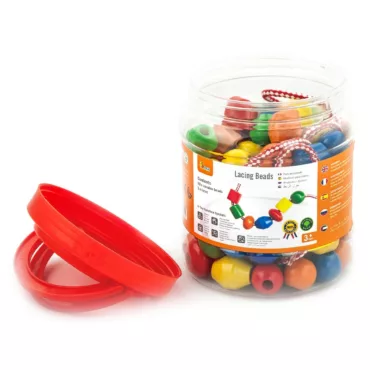 Комплект дървени мъниста Viga Toys с връзки за нанизване и игра 3+