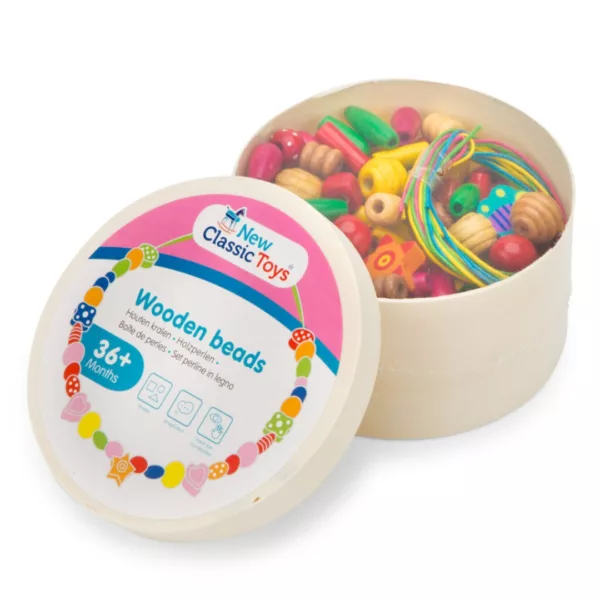 Комплект за нанизване на дървени мъниста 100 грама в кутия за деца 3+