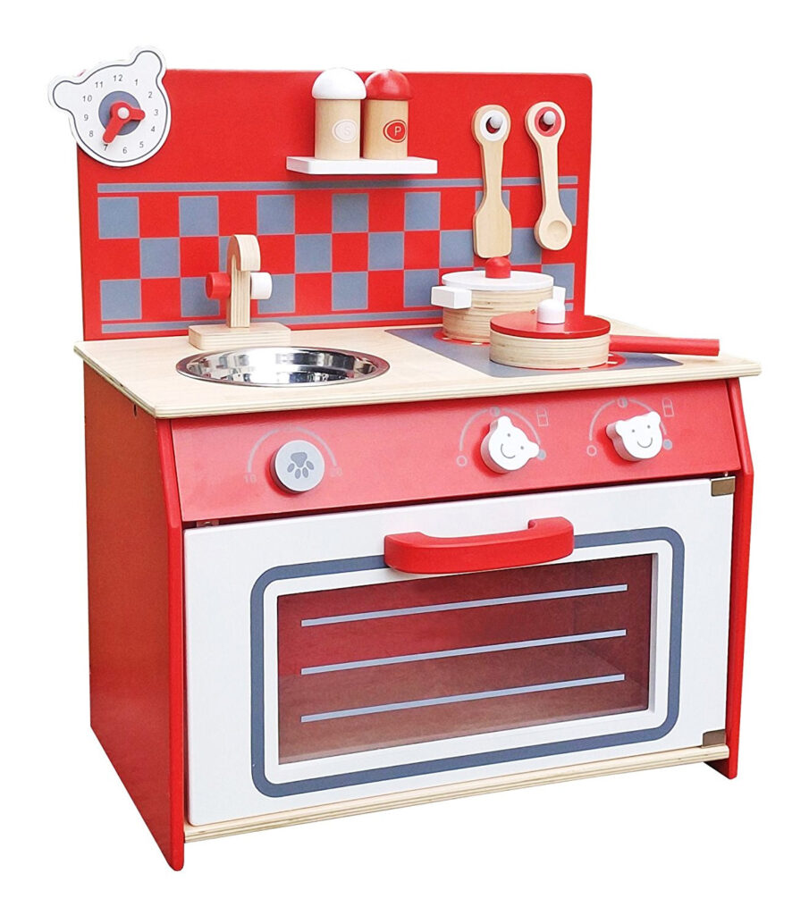 малка червена детска дървена кухня-дървена играчка-bellamie