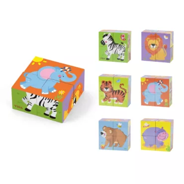 Детски дървен пъзел сафари кубчета Viga Toys с различни животни и цветни изображения