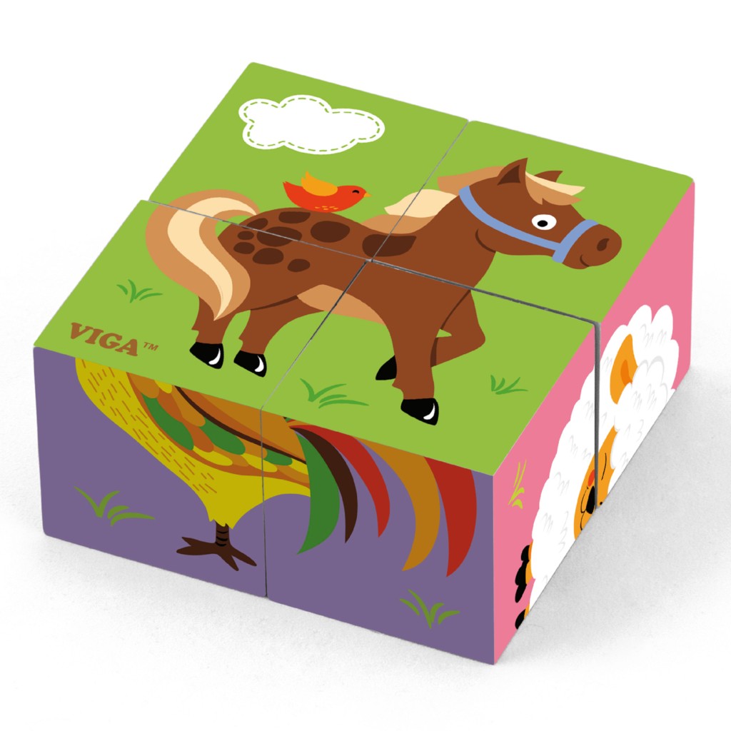 Детски пъзел Фермата от дървени кубчета -Viga toys-Bellamie