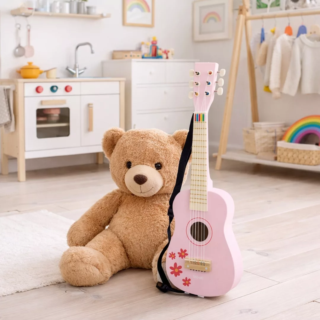 Дървена розова китара с цветя за деца, музикална играчка от дърво 3+
