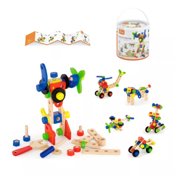 Дървен конструктор с гайки и болтове VIGA Toys 68 части с примерни модели