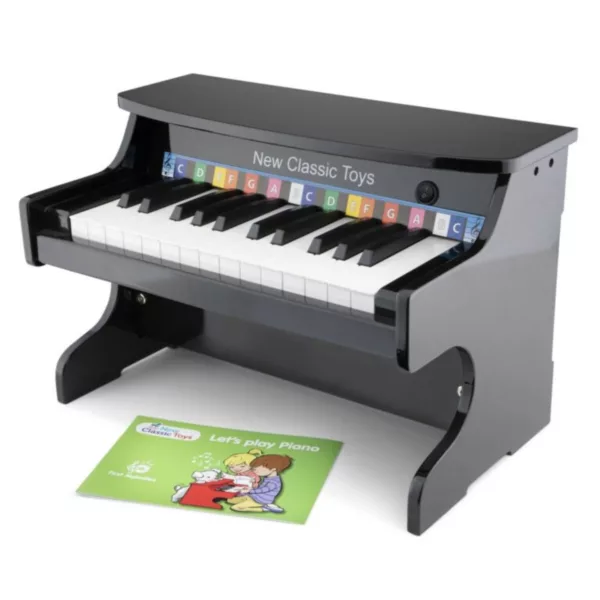 Черно детско електронно пиано New Classic Toys с 25 клавиша и книжка за 3+ години
