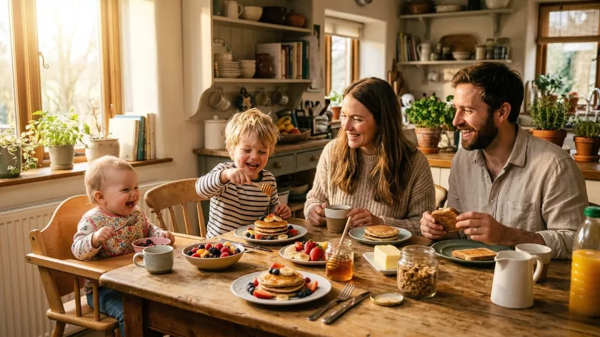Семейна закуска с деца спокойна атмосфера хранене изгражда добри навици