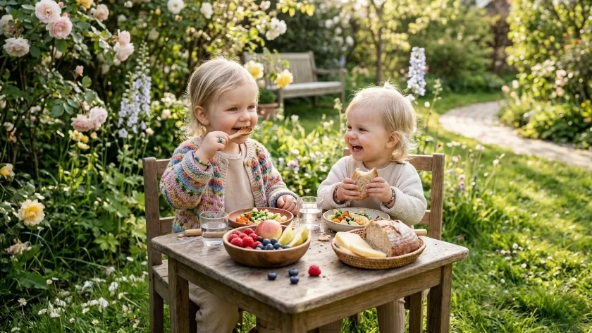 Деца се хранят навън с плодове и хляб спокойна среда апетит и радост