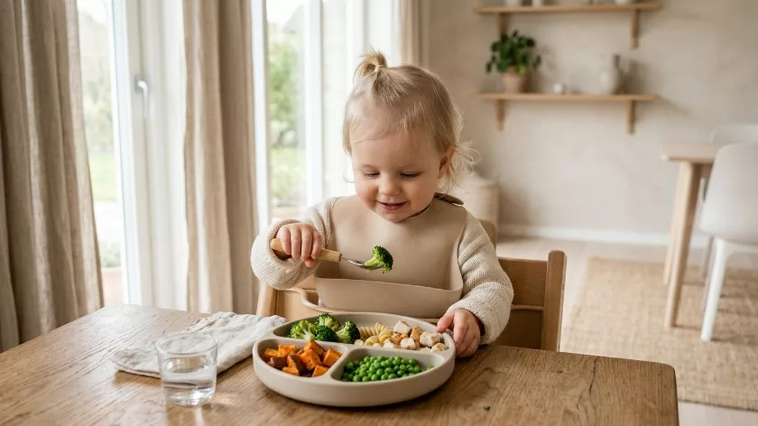 Дете яде зеленчуци самостоятелно балансирана храна здравословни навици 1+