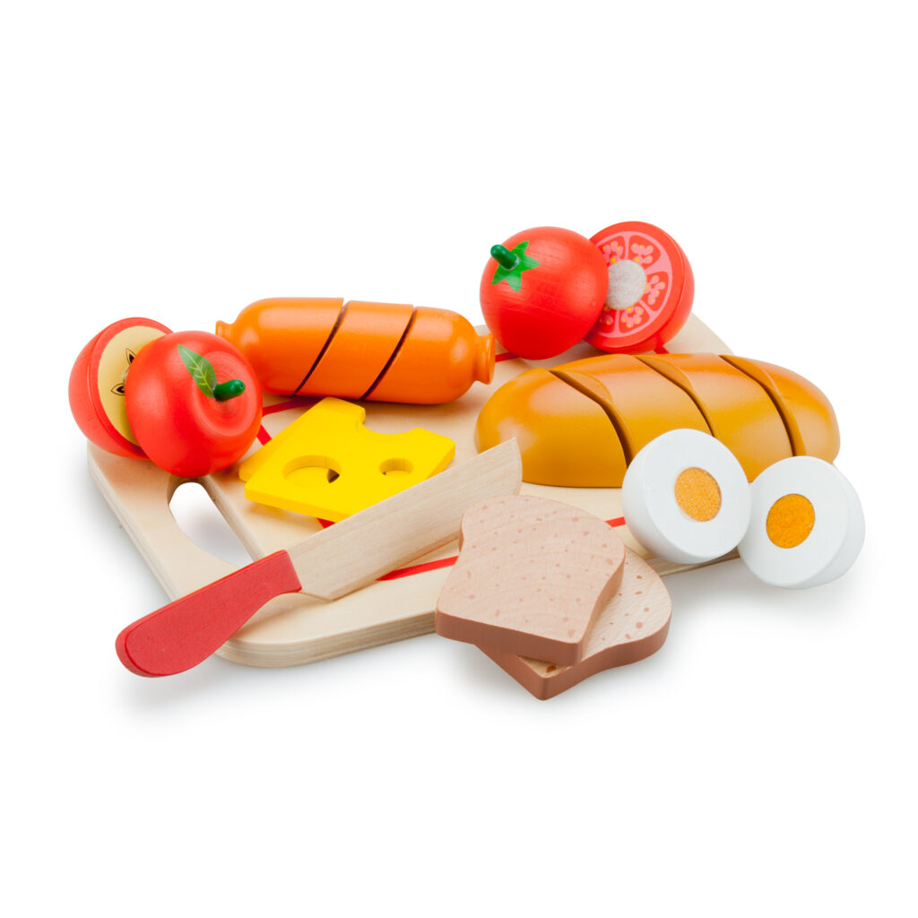 дървена играчка-дъска с продукти за рязане- Закуска-bellamiestore