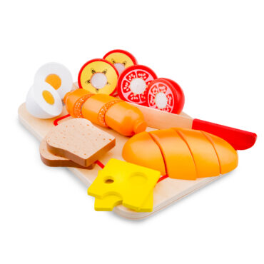 дървена играчка-дъска с продукти за рязане- Закуска-bellamiestore