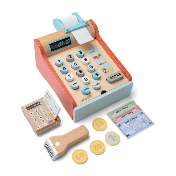 Детски касов апарат от дърво с бутони и монети за ролева игра