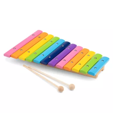 Детски дървен ксилофон New Classic Toys с 12 цветни тона и палки 3+