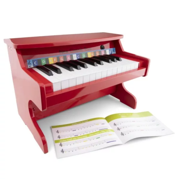 Червено детско пиано New Classic Toys с отворена музикална книжка за деца 3+