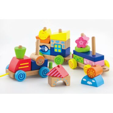 Детски дървен влак за дърпане и конструктор от Viga toys-bellamie
