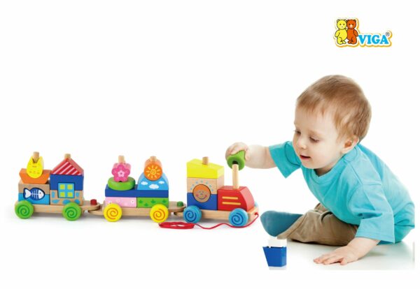 Детски дървен влак за дърпане и конструктор от Viga toys-bellamiestore