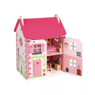 Дървена къща за кукли Роза Janod с мебели, розов покрив и отваряща се стена за деца 3+