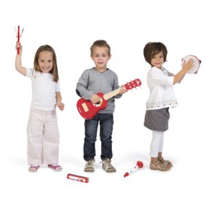 Комплект детски музикални инструменти Конфети от Janod- китара,кречетало, дайре, хармоника и тромпет(1)-bellamiestore