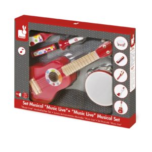Комплект детски музикални инструменти Конфети от Janod- китара,кречетало, дайре, хармоника и тромпет-bellamiestore