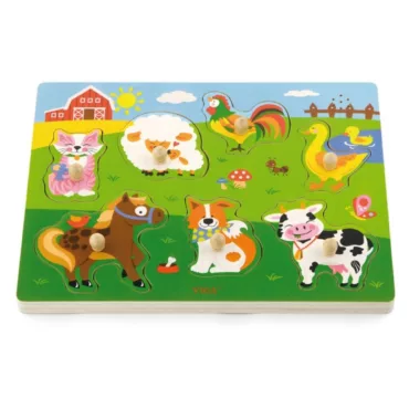 Дървен музикален пъзел Viga Toys със седем животни, дръжки и звуци от 18 месеца