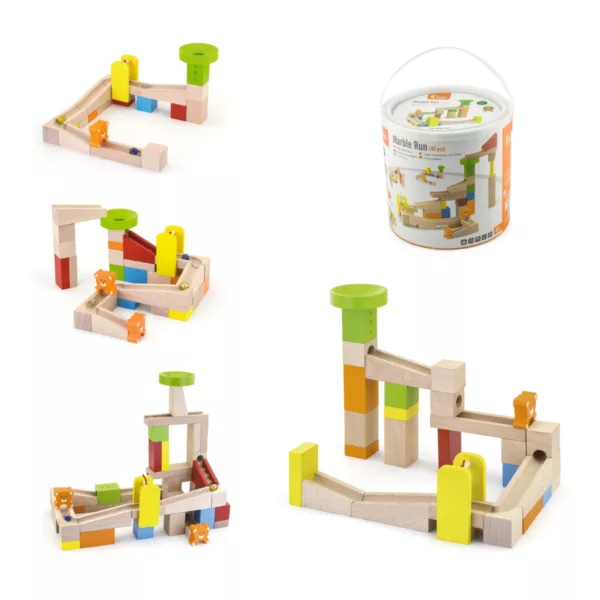 Дървена писта с топчета и конструктор Viga Toys с цветни елементи