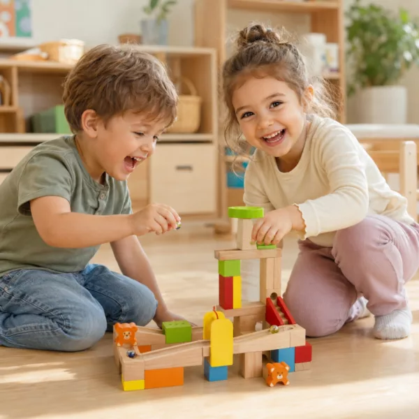 Две деца играят с дървена писта с топчета Viga Toys у дома