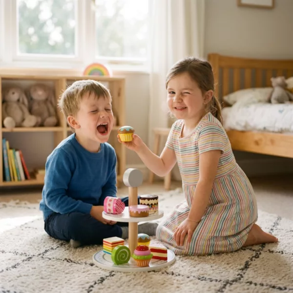 Дървен поднос със сладкиши New Classic Toys с цветни кексчета за деца 3+