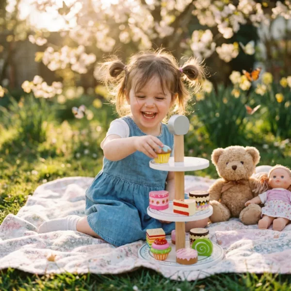 Дете сервира дървени сладкиши New Classic Toys на кукла и мече за 3+