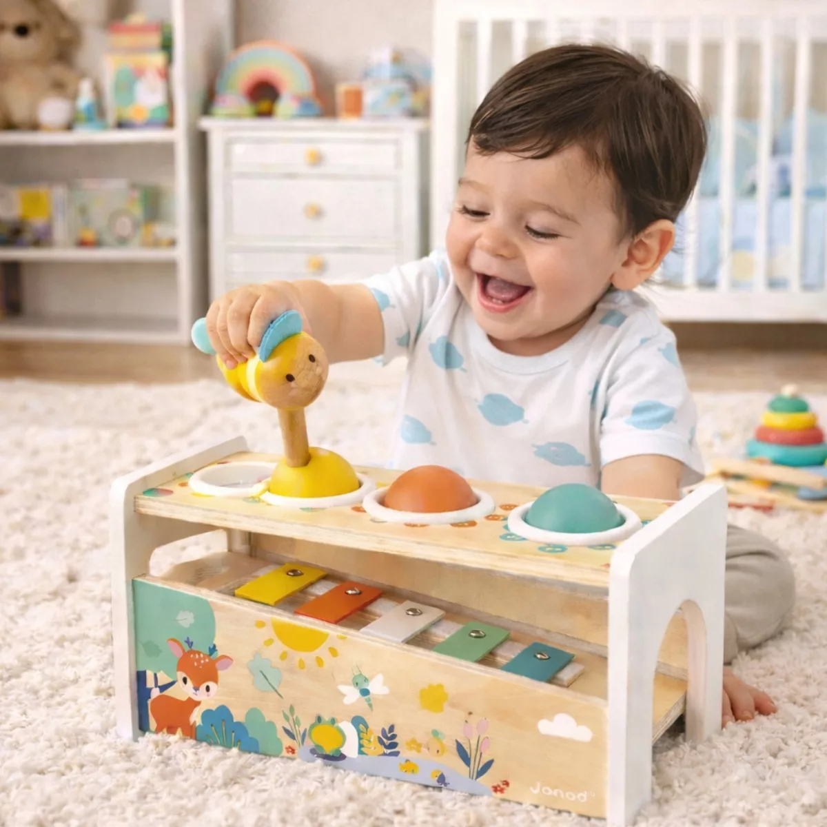 Janod детски ксилофон с чукче и топки дървена музикална играчка с цветни елементи за деца над 12 месеца