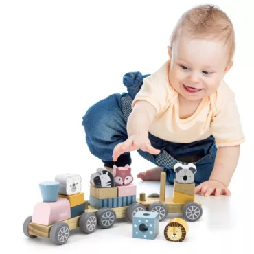 Дървено влакче конструктор с животни PolarB подходящо за бебета над 18 месеца