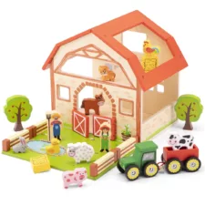 Дървена ферма с животни и трактор New Classic Toys цветен комплект за ролева игра за деца