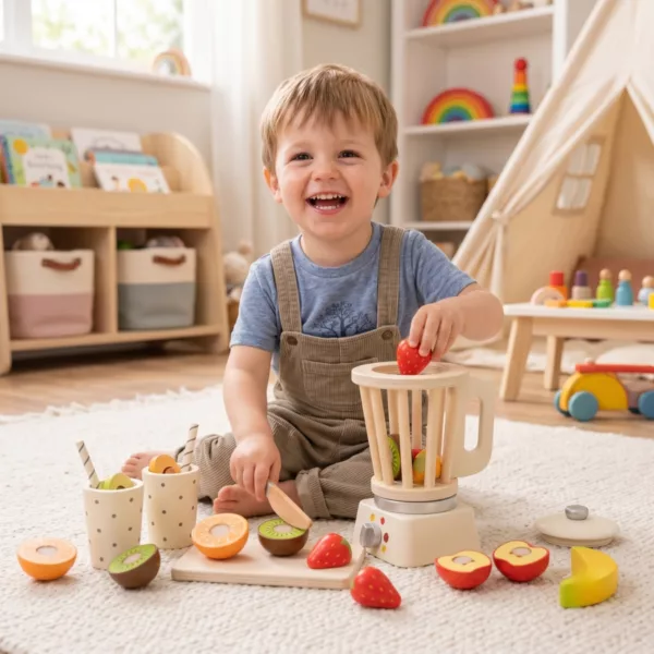 Момче играе с детски дървен шейкър New Classic Toys и цветни плодове 3+